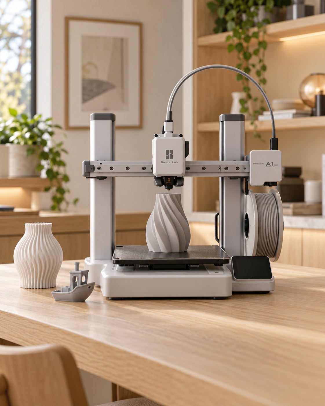 Bambu Lab A1 printing a vase on a white oak table in a bright home studio