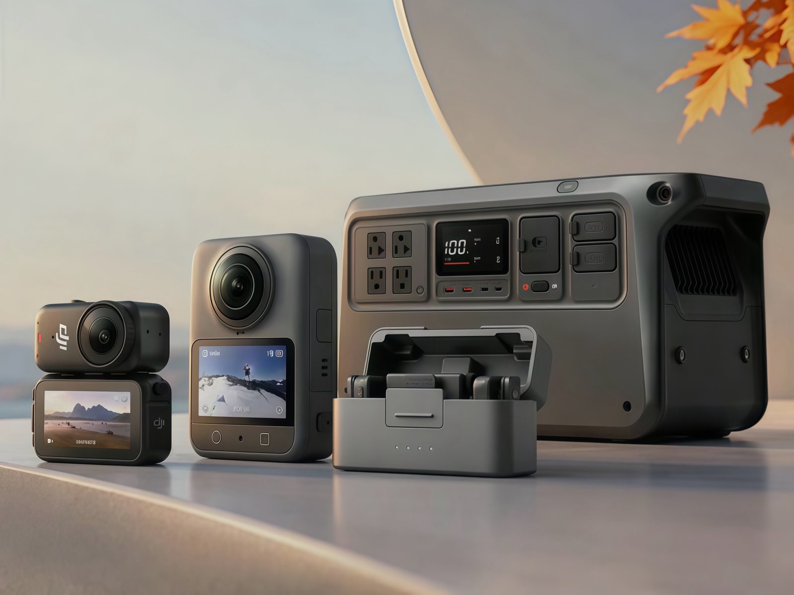 DJI action cameras, a wireless microphone kit and a portable power station