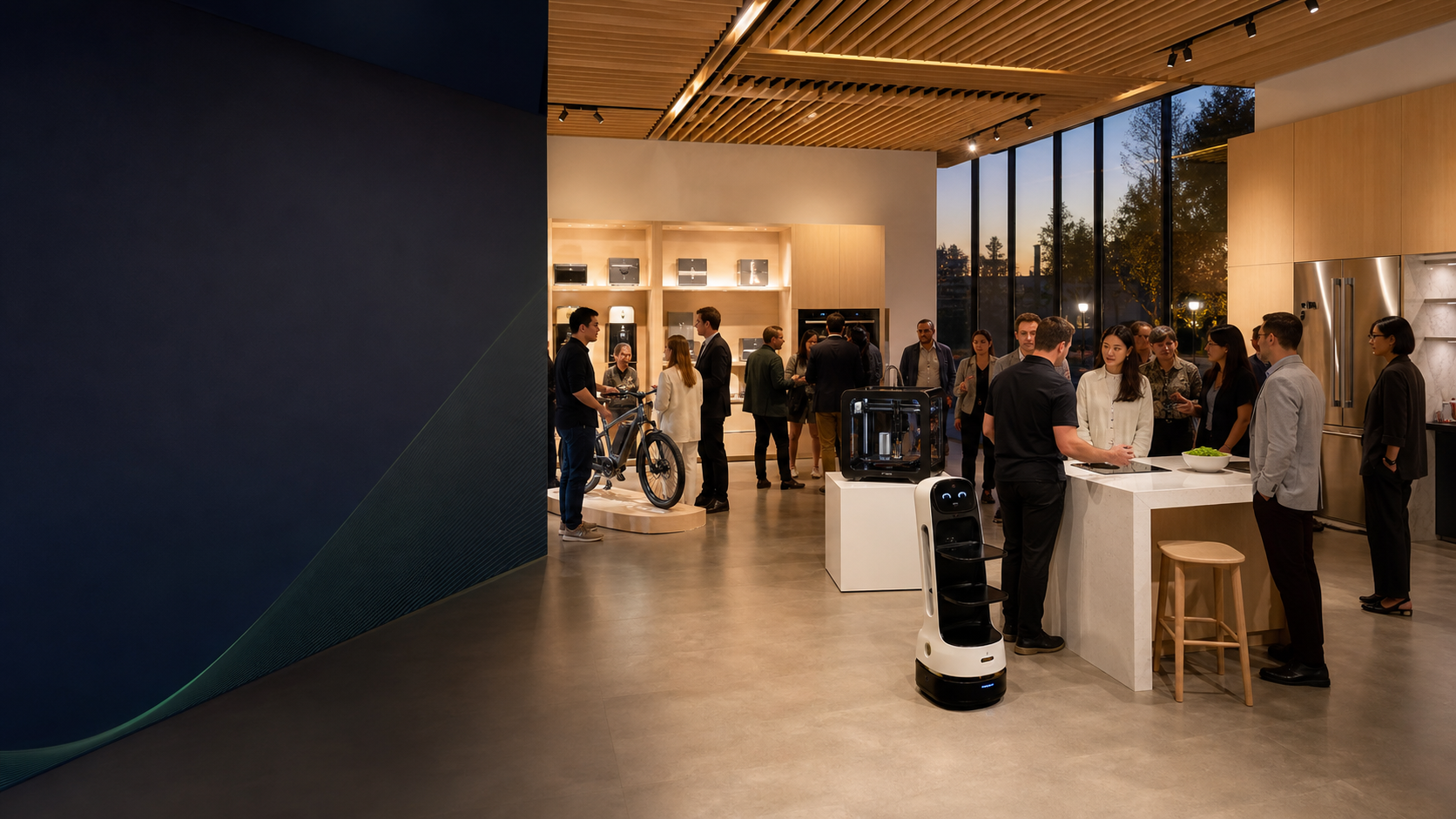 Guests attending an evening technology event in a premium WGO showroom
