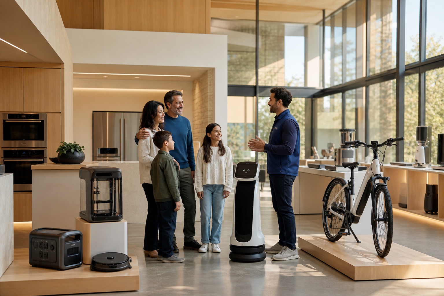 A family exploring advanced technology with a specialist in a bright WGO showroom