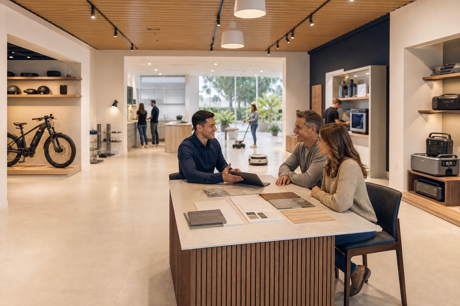 A WGO specialist welcoming visitors at a consultation table in a spacious technology showroom