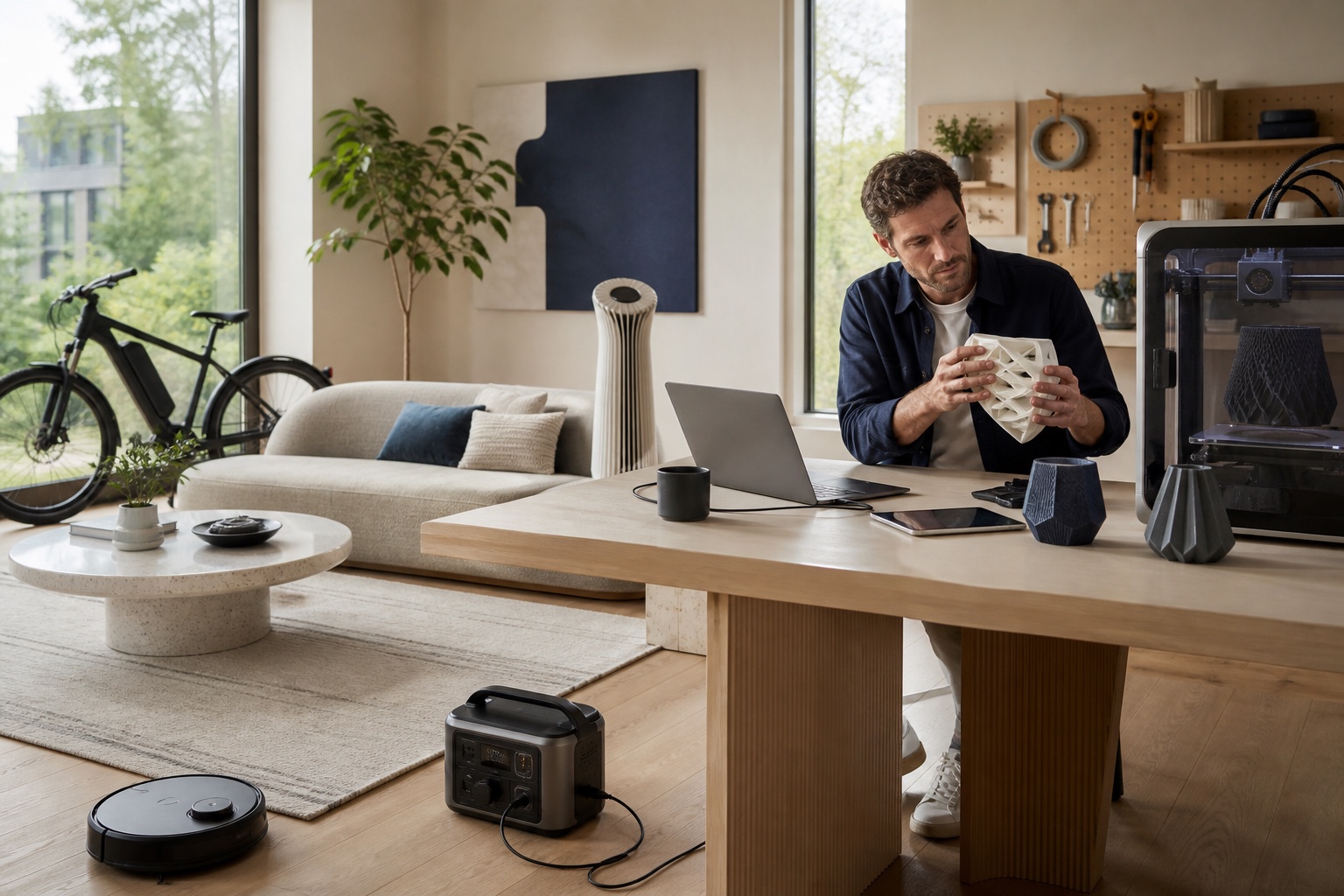A designer using connected technology and examining a freshly printed prototype in a modern living studio
