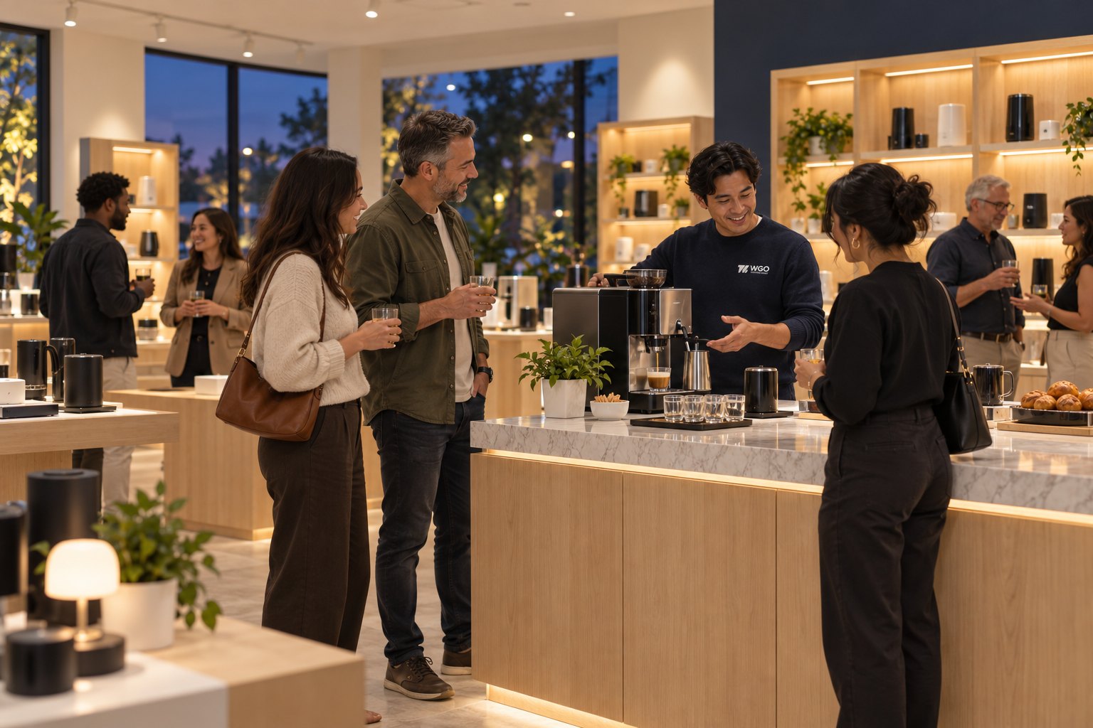 Guests with drinks at an evening open house while a specialist demonstrates a coffee machine