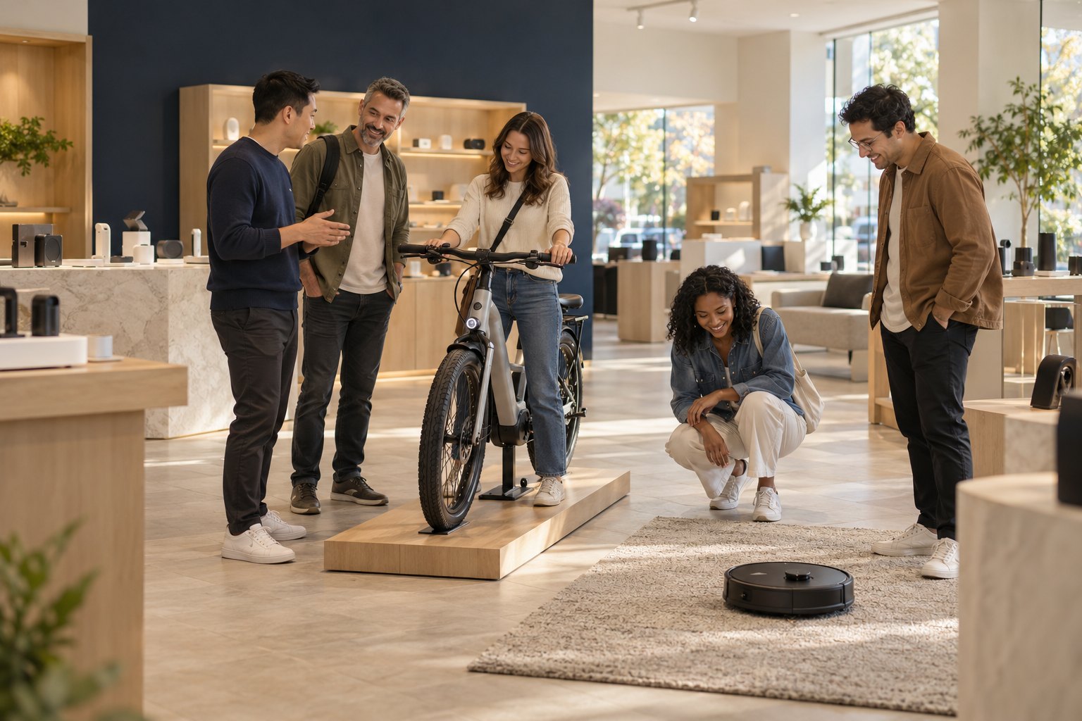 Friends trying an electric bike and watching a robot vacuum with a specialist